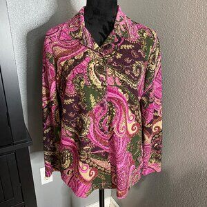 VTG Koret Blouse Large Pink Green Paisley Floral Long Sleeve Glitter Boho Indie‎
